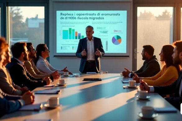 Una escena vibrante se desarrolla en una moderna sala de conferencias, llena de luz natural que se transmite a través de grandes ventanas de vidrio. La sala está adornada con la marca 'Pimec', que muestra el compromiso de la organización con las pequeñas y medianas empresas en Cataluña. Un grupo diverso de asistentes, que representa varios orígenes étnicos, está sentado alrededor de una mesa ovalada elegante. Algunas personas se dedican a una discusión animada, sus expresiones que reflejan una mezcla de curiosidad y determinación. Un hombre de mediana edad, vestido con un traje afilado, se encuentra en la parte delantera y se dirige apasionadamente a la audiencia. Él hace un gesto con sus manos para enfatizar, su rostro iluminado por el brillo de un proyector que muestra el título 'RETES I OPORTUNITATS DELS FLUXOS MIMMATIS' En negrita. Sobre la mesa, hay bloc de notas, bolígrafos y tazas de café, simbolizando el espíritu colaborativo del evento. En el fondo, una pantalla grande muestra gráficos demográficos y