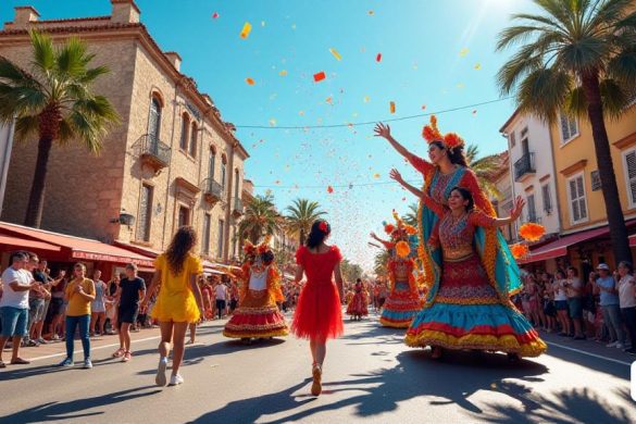 Una escena vibrante y animada que captura la esencia de 'Carnaval' en Sitges. El primer plano presenta una calle bulliciosa llena de carrozas 'coloridas' adornadas con decoraciones 'festivas', donde los participantes en 'disfraces elaborados' bailan alegremente, sus caras pintadas con 'colores brillantes'. La atmósfera es eléctrica, con confeti revoloteando por el aire, y los sonidos de la risa y la música resuenan. En el fondo, un edificio histórico está orgullosamente, su fachada decorada con 'pancartas' celebrando el evento. A un lado, un grupo de espectadores 'entusiastas' animan, sosteniendo máscaras y bebidas 'tradicionales', mientras que los niños persiguen 'globos'. El cielo es un azul claro, que se suma al alegre ambiente, y la escena está enmarcada por las palmeras que se balancean suavemente en la brisa, encarnando el espíritu de la 'comunidad y la celebración' que define el carnaval. Esta imagen encapsula la alegría, la cultura y la vida vibrante de las festividades de 'Sitges', por lo que es una