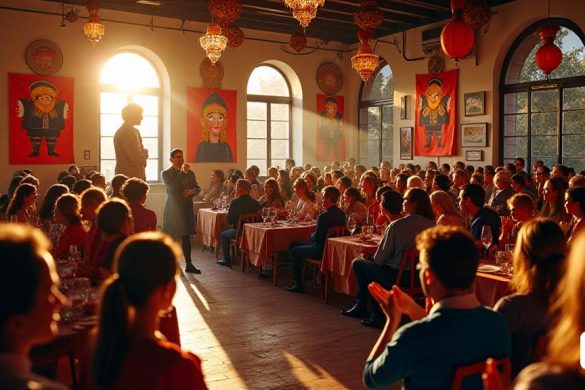 Una escena vibrante y animada se desarrolla en el 'Sala Abat Sant justo', lleno de decoraciones coloridas que celebran el '80 aniversario' de Guifré y Guinedell. La sala está adornada con pancartas que muestran a los 'gigantes' en los trajes tradicionales, sus caras pintadas con detalles intrincados, capturando la esencia de su importancia histórica. La atmósfera es eléctrica, con una multitud de asistentes entusiastas, incluida la 'Alcalalessa' Sínlvia Orriols, que está a la vanguardia, su expresión de orgullo y nostalgia mientras se dirige a la audiencia. A su lado está Carlos Carrasco, un Exgeganter, compartiendo historias de su pasado, sus gestos enfatizan la emoción de sus cuentos. En el fondo, Clara Anglada, la 'Restauradora', discute apasionadamente los procesos de restauración, rodeados de bocetos y muestras de colores originales, mientras que Susana Dalmau, la antigua 'Grallera', reflexiona sobre el impacto cultural de los gigantes, sus ojos brillantes con recuerdos. La habitación está llena de los s