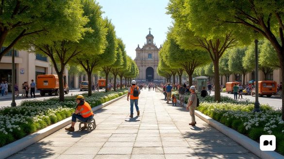 Una escena vibrante y bulliciosa del 'Modolell de Rambla' en Viladecans, mostrando las obras en curso de 'remodelación'. La imagen captura un amplio "espacio peatonal abierto" que se ha duplicado en tamaño, flanqueado por 'nuevos árboles' y 'grandes macizos de flores' que mejoran la vegetación de la zona. Los trabajadores de la construcción se ven activamente involucrados en el proceso de 'renovación', con maquinaria y herramientas dispersas. En el fondo, la arquitectura histórica de la 'Antiga Escola àngela Roca' es visible, experimentando transformación en la nueva 'Escola Oficial D’Adiomes'. El ambiente es animado, con residentes y visitantes que disfrutan del espacio recién accesible, lo que refleja un entorno orientado a la comunidad. La escena está llena de 'luz natural', destacando los 'pasarelas amplificadas' y 'vegetación', creando un ambiente acogedor y de 'ambiente social' para eventos públicos. La imagen también insinúa los objetivos de "desarrollo sostenible" del proyecto, con señales que indican