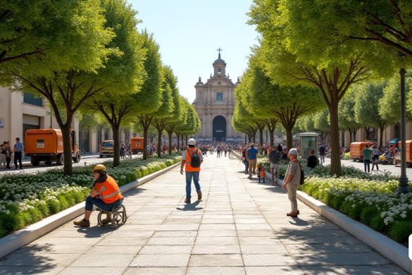 Una escena vibrante y bulliciosa del 'Modolell de Rambla' en Viladecans, mostrando las obras en curso de 'remodelación'. La imagen captura un amplio "espacio peatonal abierto" que se ha duplicado en tamaño, flanqueado por 'nuevos árboles' y 'grandes macizos de flores' que mejoran la vegetación de la zona. Los trabajadores de la construcción se ven activamente involucrados en el proceso de 'renovación', con maquinaria y herramientas dispersas. En el fondo, la arquitectura histórica de la 'Antiga Escola àngela Roca' es visible, experimentando transformación en la nueva 'Escola Oficial D’Adiomes'. El ambiente es animado, con residentes y visitantes que disfrutan del espacio recién accesible, lo que refleja un entorno orientado a la comunidad. La escena está llena de 'luz natural', destacando los 'pasarelas amplificadas' y 'vegetación', creando un ambiente acogedor y de 'ambiente social' para eventos públicos. La imagen también insinúa los objetivos de "desarrollo sostenible" del proyecto, con señales que indican
