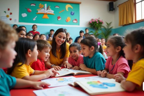 Una escena vibrante y colorida que representa la celebración de los premios literarios 'Premis Sambori' en un auditorio escolar. La habitación está llena de niños emocionados, sus caras se iluminan con alegría y anticipación. Las pancartas y los carteles que muestran el logotipo de 'Premis Sambori' cuelgan de las paredes, adornados con ilustraciones de libros y plumas. En primer plano, un grupo de jóvenes estudiantes, vestidos con ropa 'colorida' brillante, se reúnen alrededor de una mesa que muestra sus obras ganadoras, que incluyen libros de cuentos ilustrados y dibujos creativos. Un orgulloso maestro se encuentra a su lado, señalando sus logros con una sonrisa radiante. En el fondo, los padres y otros estudiantes aplauden y vitorean, creando una atmósfera de 'celebración' y 'comunidad'. El escenario está decorado con flores y un gran trofeo, simbolizando el reconocimiento de 'creatividad' y 'literatura'. El ambiente general es uno de 'entusiasmo', 'orgullo' e 'inspiración', capturando la esencia de este ev
