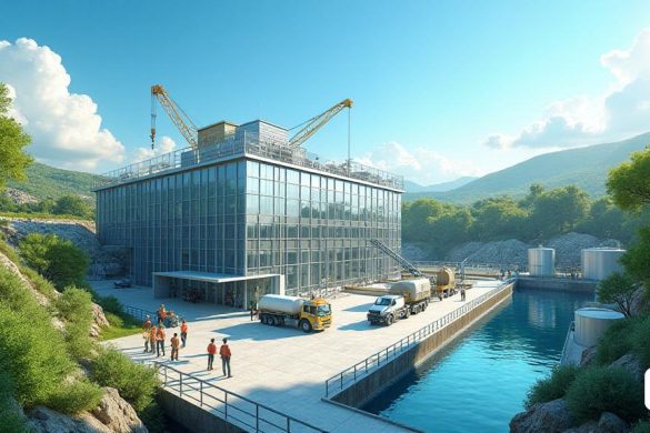 Una escena vibrante y detallada que representa la 'Estació DePuradora d’Aigües Residuals' (EDAR) en Reus, rodeada de exuberante vegetación e infraestructura moderna. El primer plano presenta una gran instalación de tratamiento de última generación con brillantes estructuras 'metal' y grandes ventanas de 'vidrio' que reflejan la luz solar. Se ve a los trabajadores en el 'equipo de seguridad' inspeccionar la instalación, mientras que una 'grúa' está elevando el equipo al techo. En el fondo, un cielo azul claro contrasta con el paisaje 'industrial', donde se ven 'tuberías' y 'tanques', mostrando los complejos procesos involucrados en el tratamiento de aguas residuales. El área está llena de actividad, con 'camiones' que ofrecen materiales y 'ingenieros' discutiendo planes en una tableta digital. Cerca, se destaca una unidad de producción de 'biogás', con símbolos de energía 'verdes' que indican el compromiso de la instalación con la sostenibilidad. La atmósfera general es de progreso e innovación, enfatizando la