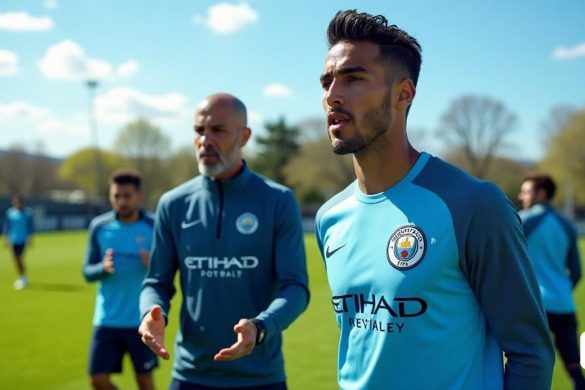 Una escena vibrante y dinámica que representa a 'Joao Cancelo' en una sesión de entrenamiento de fútbol, ​​mostrando su intenso enfoque y determinación. El fondo presenta un exuberante tono verde debajo de un cielo azul claro, con la icónica instalación de entrenamiento 'Manchester City' visible. 'Pep Guardiola' se encuentra cerca, haciendo un gesto animado, encarnando su apasionado estilo de entrenamiento. Los jugadores a su alrededor están involucrados en simulacros, y algunos practican 'pases' y 'formaciones tácticas'. La atmósfera es eléctrica, llena de los sonidos de 'silbatos' y 'gritos' de aliento. En primer plano, un primer plano de la expresión de Cancelo revela una combinación de respeto y admiración por Guardiola, destacando la complejidad de su relación profesional. La imagen captura la esencia del trabajo en equipo, el crecimiento y los desafíos que enfrentan el fútbol de alto nivel.