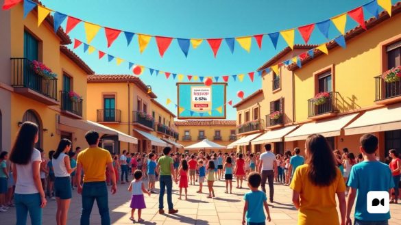 Una escena vibrante y dinámica que representa una 'reunión comunitaria' en una 'plaza urbana' de una ciudad valenciana, llena de familias y niños que celebran los recientes resultados de votación con respecto al 'lenguaje de instrucción' en las escuelas. La plaza está adornada con coloridos 'pancartas' y 'banderas' que representan el 'idioma valenciano', creando una atmósfera festiva. En primer plano, un grupo diverso de familias, incluidos padres e hijos, discuten animadamente los resultados, y algunos sostienen 'globos' en los colores de la bandera valenciana. En el fondo, una gran 'pantalla' muestra los porcentajes de votación, con '50 .53%'resaltado prominentemente en letras en negrita, que simboliza la preferencia por Valencian. La arquitectura de la plaza presenta edificios valencianos tradicionales, con 'techos de terracota' y 'balcones' adornados con 'flores'. El cielo es un azul claro, que se suma al alegre ambiente, mientras que unos pocos 'artistas callejeros' entretienen a la multitud, mejorando e
