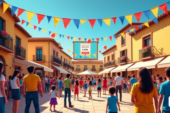 Una escena vibrante y dinámica que representa una 'reunión comunitaria' en una 'plaza urbana' de una ciudad valenciana, llena de familias y niños que celebran los recientes resultados de votación con respecto al 'lenguaje de instrucción' en las escuelas. La plaza está adornada con coloridos 'pancartas' y 'banderas' que representan el 'idioma valenciano', creando una atmósfera festiva. En primer plano, un grupo diverso de familias, incluidos padres e hijos, discuten animadamente los resultados, y algunos sostienen 'globos' en los colores de la bandera valenciana. En el fondo, una gran 'pantalla' muestra los porcentajes de votación, con '50 .53%'resaltado prominentemente en letras en negrita, que simboliza la preferencia por Valencian. La arquitectura de la plaza presenta edificios valencianos tradicionales, con 'techos de terracota' y 'balcones' adornados con 'flores'. El cielo es un azul claro, que se suma al alegre ambiente, mientras que unos pocos 'artistas callejeros' entretienen a la multitud, mejorando e