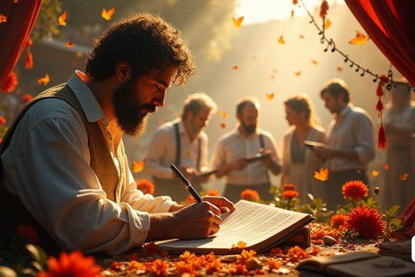Una escena vibrante y evocadora que representa la 'Día Mundial de la Poesía'. En primer plano, un 'Sonetista' está creando apasionadamente un soneto, rodeado de una variedad de 'paraos de Floridas' que flotan a su alrededor como pétalos coloridos. El fondo presenta un escenario 'Teatre' adornado con notas 'Música', que simboliza la conexión entre poesía y otras artes. La iluminación suave y cálida baña la escena, creando una atmósfera de 'intimitat' y 'creativitat'. El 'Sonetista' se representa con una expresión enfocada, con sus manos dando forma delicadamente a las palabras como si fueran 'escalas'. Cerca, un grupo de 'poetas' y 'lectores' se dedican a una discusión animada, sus caras reflejan 'Alegria' y 'nostàlgia'. El escenario está enriquecido con elementos de 'Bellesa', como flores florecientes y mariposas revoloteantes, que representan los 'emociones' y las 'experiencias' que la poesía encapsula. La composición general transmite un sentido de celebración y reverencia por el arte de la poesía, invitand