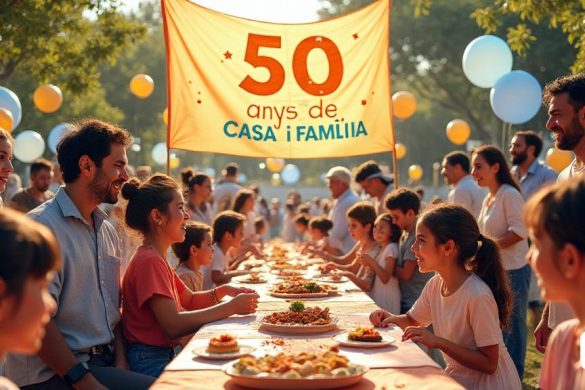 Una escena vibrante y sincera que representa las celebraciones '50 de Casa de Casa I Família de La Família Creu Blanca. El primer plano presenta una pancarta grande y colorida con las palabras '50 Anys de Casa I Família 'en letras audaces y alegres, revoloteando suavemente en la brisa. Alrededor de la pancarta, un grupo diverso de personas de diversos orígenes, incluidas familias, voluntarios y miembros de la comunidad, se reúnen, sonreen y comparten momentos alegres. Algunos se toman de la mano, mientras que otros se abrazan, simbolizando la unidad y el apoyo. En el fondo, un espacio al aire libre bellamente decorado está lleno de globos en tonos de azul, blanco y oro, que representa la esperanza y la celebración. Una mesa larga se establece con una variedad de deliciosos platos y postres tradicionales, invitando a todos a participar en la fiesta comunitaria. A un lado, los niños están jugando, riendo y disfrutando de las festividades, mientras los adultos participan en conversaciones animadas, compartiendo