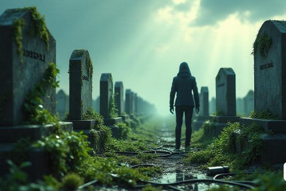 Una escena visualmente sorprendente que representa un 'cementerio digital', donde varios 'sitios web' y 'contenido digital' se representan como lápidas. Cada lápida muestra la 'URL' de un sitio web que ha desaparecido, con algunas cubiertas de 'vides digitales' y 'musgo', simbolizando la negligencia y la descomposición. En el fondo, un 'cielo nublado' se avecina por encima, con rayos de luz que se rompen, insinuando la esperanza en medio de la decadencia digital. Dispersos son 'enlaces rotos' representados como vidrios destrozados, lo que refleja el concepto de 'descomposición digital'. Una figura, que representa un 'archivero digital', se ve en primer plano, sosteniendo una 'herramienta de recuperación de datos', mirando de manera contemplada las lápidas, que encarna la lucha por preservar la 'historia digital'. El suelo está lleno de 'cables desconectados' y 'tecnología obsoleta', enfatizando aún más el tema de la obsolescencia y la pérdida. La atmósfera general es una mezcla de melancolía y urgencia, que i