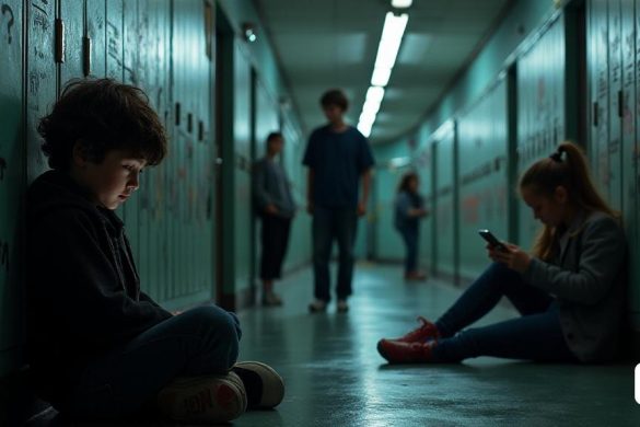 Una escena visualmente sorprendente que representa una atmósfera 'oscura' e 'introspectiva', donde un grupo de 'adolescentes' se reúne en un corredor escolar 'poco iluminado'. Las paredes están adornadas con 'graffiti' que refleja sus 'luchas' y 'emociones'. En primer plano, un 'joven' con una 'expresión pensativa' se apoya contra un casillero, sus ojos llenos de 'confusión' y 'curiosidad'. Cerca, una 'niña' está sentada en el piso, su espalda contra la pared, desplazándose a través de su 'teléfono inteligente', aparentemente separada del mundo que la rodea. La iluminación arroja 'sombras' que crean un sentido de 'aislamiento', mientras que un 'maestro' se puede ver en el fondo, observando la escena con un aspecto de 'preocupación'. La composición general captura la 'tensión' entre el 'mundo digital' y las 'interacciones de la vida real', simbolizando las 'complejidades' de la adolescencia moderna. La imagen evoca un sentido de urgencia, como si el espectador estuviera llamado a reflexionar sobre el "impacto"