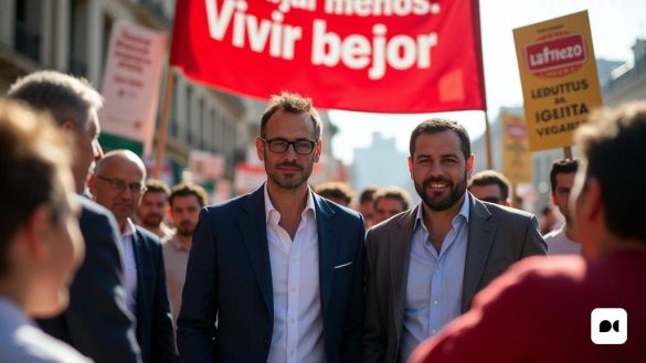Una fotografía sorprendente que captura el momento en que 'Unai Sordo' y 'Pepe Alvarez', los secretarios generales de 'Comisiones Obreras' y 'Ugt', se encuentran con confianza frente a una gran pancarta estampada con el eslogan: 'Trabajar Menos. Vivir mejor '. El telón de fondo es un entorno urbano bullicioso, con una multitud de seguidores y espectadores, algunos que tienen pancartas que abogan por los derechos de los trabajadores. Los dos líderes están vestidos con un atuendo informal inteligente, exudando un sentido de autoridad y camaradería. 'Unai Sordo' tiene una expresión determinada, su frente se frunció ligeramente, mientras que 'Pepe Alvarez' parece más relajado, con una ligera sonrisa, mientras se relacionan con la audiencia. La iluminación es brillante, lo que sugiere un día soleado, que contrasta con la naturaleza seria de las discusiones que rodean los derechos laborales y los problemas continuos con las 'rodales'. En primer plano, se ve a algunas personas discutiendo animadamente las implicacio