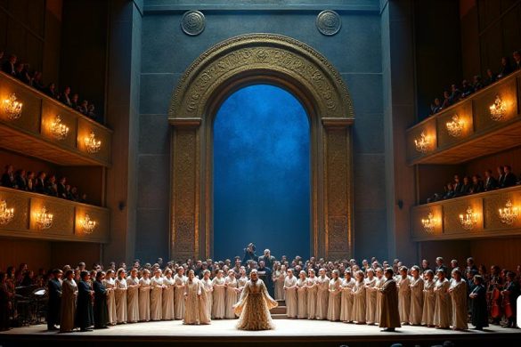Una gran escena de la ópera que representa 'Nabucco' de Giuseppe Verdi, ambientada en el majestuoso 'Teatre-Auditori Sant Cugat del Vallès'. El escenario está adornado con una gran 'puerta de bronce' que simboliza el 'Templo de Jerusalén', flanqueado por 'candelabros' y 'Candelabras de siete ramificados' que arrojaron un brillo cálido sobre los artistas. En primer plano, 'Eugènia Montenegro' como 'Abigaille' se encuentra en el centro del escenario, su poderosa voz que resuena en el pasillo, vestida con un disfraz elaborado que refleja la naturaleza dramática de su personaje. Al rodearla se encuentran el 'Cor Amics de L’ òpera de Sabadell', un coro compacto y bien afinado, vestido con atuendos a juego, sus expresiones intensas a medida que se involucran en la narrativa emocional. El telón de fondo presenta paneles móviles que representan la 'Puerta Ishtar', con su icónico color 'lapis lazuli azul', creando un contraste sorprendente contra los tonos cálidos de la iluminación del escenario. 'Luis Cansino' como '