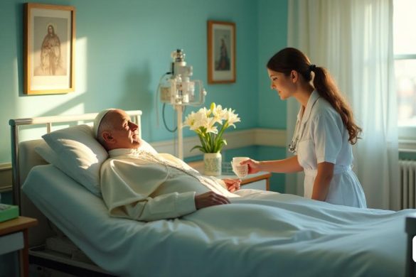 Una habitación de hospital serena bañada con luz suave y cálida, donde el Papa Francisco descansa tranquilamente en una cama de hospital cuidadosamente hecha. Las paredes están pintadas en tonos calmantes de azul pálido, adornados con simples obras de arte religiosas que reflejan su papel como pontífice. Una pequeña mesa al lado de la cama contiene un jarrón con lirios blancos frescos, simbolizando la pureza y la esperanza. El equipo médico rodea la cama, incluido un ventilador que brinda soporte de "ventilación no invasiva", zumbando suavemente en el fondo. El Papa, vestido con un simple vestido de hospital blanco, tiene una expresión suave en su rostro, lo que indica un momento de tranquilidad. La luz solar se transmite a través de una ventana cercana, lanzando un suave brillo en la escena, mientras una enfermera verifica silenciosamente los monitores, asegurando que se mantenga la 'estabilidad' del Papa. El ambiente es de calma y cuidado, capturando tanto la gravedad de su situación de salud como la paz qu
