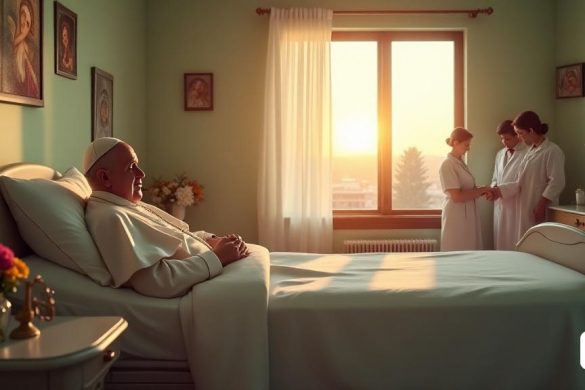 Una habitación de hospital serena bañada con luz suave y cálida, donde 'Pope Francis' descansa sobre una cama de hospital cuidadosamente hecha. Las paredes están pintadas en colores pastel calmantes, adornados con obras de arte 'religiosas' que representan escenas serenas de 'santos' y 'ángeles'. Una pequeña mesa al lado de la cama contiene un jarrón simple con 'flores' fresca, que agrega un toque de vida al espacio. El Papa, con un vestido de hospital blanco, tiene una expresión pacífica en su rostro, con una 'cánula nasal' que le proporciona oxígeno. Un 'ventilador' se coloca discretamente cerca, su gentil zumbido es un recordatorio del apoyo médico que requiere. En la pared, un monitor digital muestra signos vitales, suavemente pitinando en ritmo con sus latidos. En la esquina, un área de 'capilla' se establece con un altar pequeño, donde se paran una vela parpadeante y un crucifijo, simbolizando las oraciones en curso por su recuperación. Fuera de la ventana, se pone el sol, lanzando un brillo dorado que