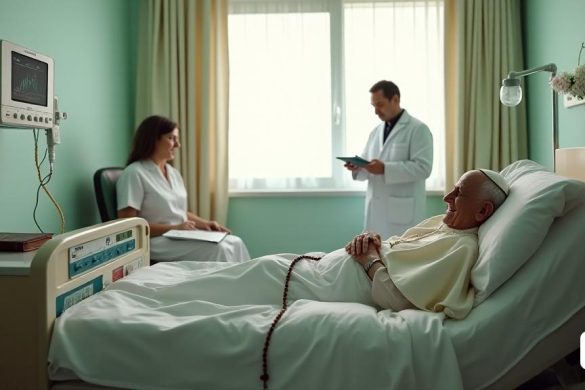 Una habitación de hospital serena bañada con luz suave y natural que se filtra a través de cortinas blancas transparentes. En el centro, una cama de hospital con sábanas blancas crujientes, donde se encuentra el 'Papa Francisco', que se ve frágil pero digno. Su rostro, marcado por la edad y la sabiduría, muestra un toque de sonrisa, lo que sugiere su resistencia. Al rodearlo hay varios equipos médicos: un 'monitor' que muestra signos vitales, un 'goteo IV' alimentando suavemente los fluidos y una 'máscara de oxígeno' que descansa cerca, lo que indica su tratamiento continuo para la 'neumonía bilateral'. En una pequeña mesa al lado de la cama, un 'rosario' y una 'Biblia' se encuentran al alcance, simbolizando su fe y conexión con la 'Iglesia Católica'. Las paredes están adornadas con suaves colores pastel, creando una atmósfera relajante, mientras que una 'disposición floral' en el alféizar de la ventana agrega un toque de calidez y esperanza. En el fondo, se puede ver un "equipo médico" discutiendo en silenci