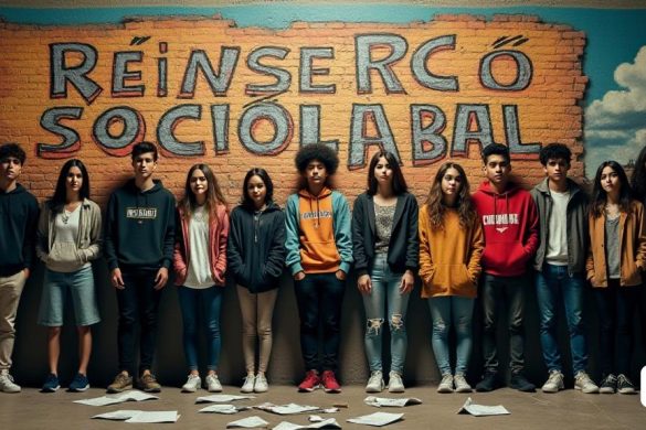 Una imagen poderosa y estimulante que representa las complejas realidades que enfrentan los 'extutelats' en España. En primer plano, un grupo de adultos jóvenes, que representan diversos orígenes, se unen con expresiones de determinación mezcladas con preocupación. Están vestidos con ropa informal y contemporánea, simbolizando su juventud y las luchas que enfrentan. Detrás de ellos, un mural grande y desvaído en una pared de ladrillos ilustra la frase 'reinserció sociolaboral' en letras audaces, rodeadas de colores vibrantes que contrastan con el sombrío estado de ánimo de la escena. El fondo presenta un paisaje urbano de Barcelona, ​​con su arquitectura icónica parcialmente oscurecida por las nubes, simbolizando la incertidumbre de sus futuros. Dispersos alrededor del suelo se descartan los documentos y las solicitudes de empleo, insinuando los desafíos del desempleo. La iluminación es tenue, lanzando largas sombras que evocan una sensación de urgencia y la necesidad de cambio. Por encima del mural, una panc