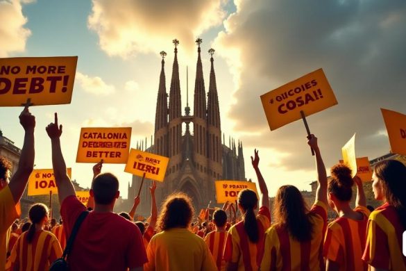 Una imagen poderosa y evocadora que representa la esencia de la lucha catalana por la justicia financiera. En primer plano, un grupo de apasionados manifestantes catalanes, vestidos de vibrante atuendo 'amarillo' y 'rojo' que simboliza la bandera catalana, sostiene grandes pancartas con lemas como '¡No más deuda!' y '¡Cataluña merece mejor!' Las expresiones en sus caras van desde la determinación hasta la frustración, capturando el peso emocional de su mensaje. Detrás de ellos, un telón de fondo de la icónica 'Sagrada Família' es alta, que representa la rica cultura e historia de Cataluña. El cielo de arriba es una mezcla dramática de nubes 'grises', insinuando la tensión y los disturbios en el aire, mientras que los rayos de la 'luz solar' se abren, simbolizando la esperanza de un futuro más brillante. En la distancia, la silueta de 'Madrid' se puede ver ligeramente, representando la opresión percibida del gobierno central. La imagen está infundida con un sentido de urgencia y resiliencia, lo que refleja el