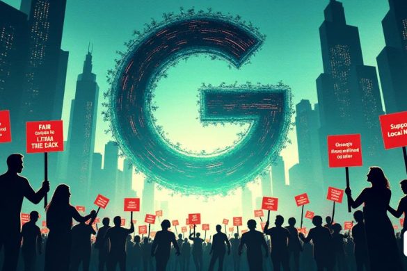 Una imagen visualmente llamativa que representa el 'dominio' de Google como un 'motor de búsqueda' en el panorama digital. El fondo presenta una representación grande y estilizada del logotipo de Google, rodeado por un vórtice rematado de 'resultados de búsqueda' y 'artículos de noticias' que simbolizan la gran cantidad de información disponible en las yemas de los usuarios. En primer plano, un grupo de 'periodistas' y 'editores' se muestran en un estado de protesta, con señales que leen 'distribución justa' y 'apoyan las noticias locales', destacando su lucha contra el 'monopolio' de Google. La escena se desarrolla en un entorno urbano moderno, con rascacielos y vallas publicitarias digitales, enfatizando el "impacto" de la tecnología en los medios tradicionales. La paleta de colores es una mezcla de 'azul' y 'verde', que representa el mundo digital, en contraste con el 'rojo' de los signos de protesta, simbolizando la urgencia y la lucha por la 'equidad'.