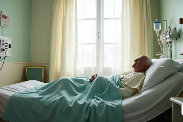 Una sala de hospital serena en 'Hospital Gemelli' en Roma, iluminada suavemente por la luz de la mañana que se filtra a través de cortinas blancas transparentes. En el centro, una cama de hospital bien hecha con ropa de cama blanca crujiente, donde descansa el 'Papa Francisco', su figura frágil parcialmente visible debajo de una manta azul claro. Una variedad de equipos médicos rodea la cama, incluido un monitor cardíaco con suaves sonidos de pitidos, un soporte intravenoso con líquido transparente y un pequeño tanque de oxígeno, insinuando sus recientes desafíos respiratorios. En una mesita de noche, se encuentran un simple crucifijo de madera y algunas cartas de oración, simbolizando su profunda fe. Un jarrón pequeño contiene flores frescas, que agrega un toque de calor y color a la habitación. Las paredes están pintadas en tonos pastel suaves, proporcionando una atmósfera relajante, mientras que una ventana revela una visión del mundo exterior, donde el sol brilla intensamente, contrastando con el ambiente