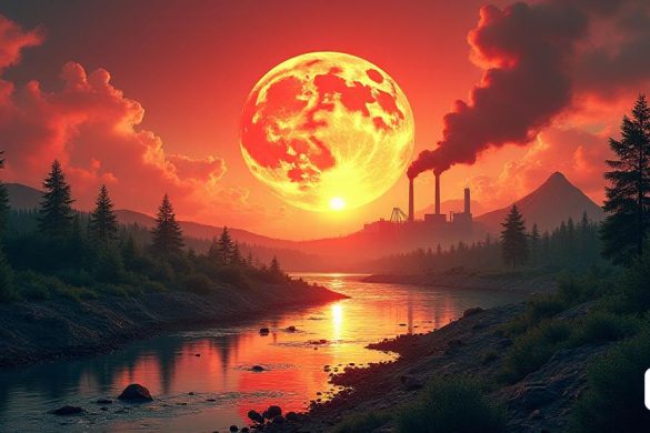 Una sorprendente representación visual de la urgente necesidad de acción ambiental, que muestra una 'tierra planeta' bajo un 'cielo carmesí' que simboliza el 'aumento de la temperatura global'. En primer plano, se representa un 'bosque denso', con 'árboles' cortados, ilustrando 'deforestación'. Cerca, fluye un 'río contaminado', con 'desechos plásticos' y 'derrames químicos' que destacan la 'contaminación de los cuerpos de agua'. En el fondo, una 'fábrica' emite 'humo oscuro', que representa la 'economía lineal' y su impacto en el medio ambiente. La imagen pasa a un lado más brillante, donde se procesan 'materiales reciclables', y las 'personas' se dedican a 'reparar' y 'reutilizar' elementos, simbolizando el cambio hacia la 'economía circular'. El tono general de la imagen transmite un sentido de urgencia y esperanza, enfatizando la necesidad de 'prácticas sostenibles' y 'regeneración ambiental'.
