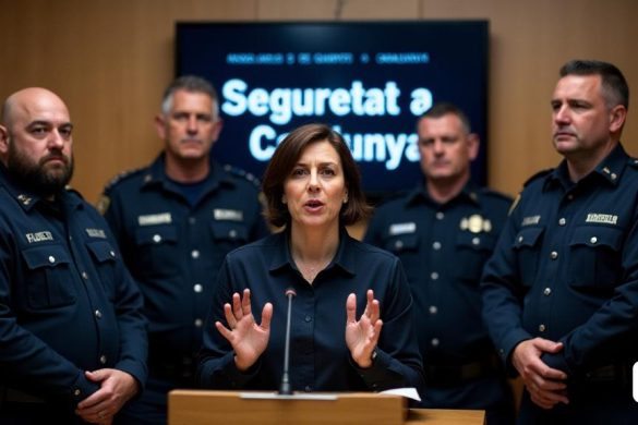 Una tensa escena de la conferencia de prensa se desarrolla en una habitación bien iluminada, donde un grupo de policías de aspecto serio, vestido con sus uniformes azul oscuro adornados con insignias e insignias, que se encuentran frente a un podio. El telón de fondo presenta el emblema de los Mossos d'Esquadra, simbolizando la fuerza policial de Cataluña. En primer plano, una portavoz femenina, IMMA VIUDES, con cabello marrón corto y una expresión determinada, se dirige apasionadamente a los medios de comunicación, con sus manos señalando enfáticamente mientras habla sobre los fracasos de ERC y Joan Ignesi Elena. Detrás de ella, una pantalla grande muestra las palabras 'Seguretat a Catalunya' en letras audaces, enfatizando la gravedad de la situación. La atmósfera está cargada de tensión, ya que los periodistas agarran sus blocs y micrófonos, capturando cada palabra. Los oficiales a su lado a su parecen resueltos, sus rostros grabados con preocupación y frustración, lo que refleja los desafíos que enfrentan