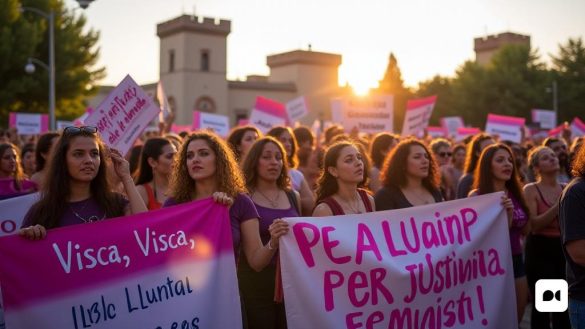 Una vibrante escena al aire libre que captura la esencia del movimiento feminista '8 de Març' en Cocentaina y Alcoi. En primer plano, un grupo diverso de mujeres y hombres sostienen pancartas y letreros coloridos que decían 'Visca, Visca, Visca, La Lluita Feminista!' y 'Pels Drets de Totes Les Persones, Per Just Justícia, la Igualtat I la Pau!'. La multitud está animada, con caras que expresan determinación y solidaridad. Algunos participantes usan ropa púrpura, simbolizando la causa feminista, mientras que otros han pintado sus rostros con símbolos de empoderamiento. En el fondo, el histórico 'Palau Comtal de Cocentaina' se mantiene alto, su arquitectura que refleja el rico patrimonio cultural de la región. El sol se está poniendo, lanzando un cálido brillo dorado sobre la escena, mejorando la atmósfera festiva. Cerca, un grupo de músicos de 'Ta! Quirikita! Se puede ver tocando ritmos animados, mientras que se prepara un pequeño escenario para el concierto de jazz en 'La Mujer Barbuda', con carteles que anun
