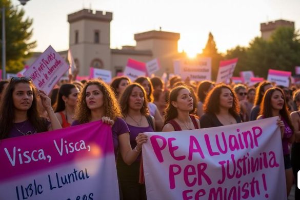 Una vibrante escena al aire libre que captura la esencia del movimiento feminista '8 de Març' en Cocentaina y Alcoi. En primer plano, un grupo diverso de mujeres y hombres sostienen pancartas y letreros coloridos que decían 'Visca, Visca, Visca, La Lluita Feminista!' y 'Pels Drets de Totes Les Persones, Per Just Justícia, la Igualtat I la Pau!'. La multitud está animada, con caras que expresan determinación y solidaridad. Algunos participantes usan ropa púrpura, simbolizando la causa feminista, mientras que otros han pintado sus rostros con símbolos de empoderamiento. En el fondo, el histórico 'Palau Comtal de Cocentaina' se mantiene alto, su arquitectura que refleja el rico patrimonio cultural de la región. El sol se está poniendo, lanzando un cálido brillo dorado sobre la escena, mejorando la atmósfera festiva. Cerca, un grupo de músicos de 'Ta! Quirikita! Se puede ver tocando ritmos animados, mientras que se prepara un pequeño escenario para el concierto de jazz en 'La Mujer Barbuda', con carteles que anun