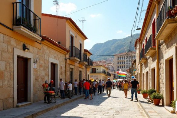 Una vibrante escena callejera en 'El Barri La Sang' de Alcoi, que muestra una mezcla de arquitectura histórica y moderna. El primer plano presenta un edificio recientemente renovado con paneles de 'piedra natural', ahora asegurada con 'soportes de metal' para evitar el desapego. Se ve a los trabajadores en el 'equipo de seguridad' instalando 'aislamiento térmico' en la cavidad recién creada, mientras que otros están reparando la 'impermeabilización' y el 'aislamiento' de los techos. Se están colocando 'paneles solares' brillantes en los tejados, brillando bajo el sol. En el fondo, un grupo de residentes, incluidos hombres y mujeres de varias edades, se reúnen para discutir las renovaciones, sus expresiones una mezcla de emoción y alivio. Los coloridos 'pancartas' cuelgan de los edificios, celebrando los fondos recibidos de los fondos de 'próxima generación'. La calle está llena de 'plantas en macetas' y 'bicicletas', agregando un toque de vida y espíritu comunitario a la escena. La atmósfera está llena de una