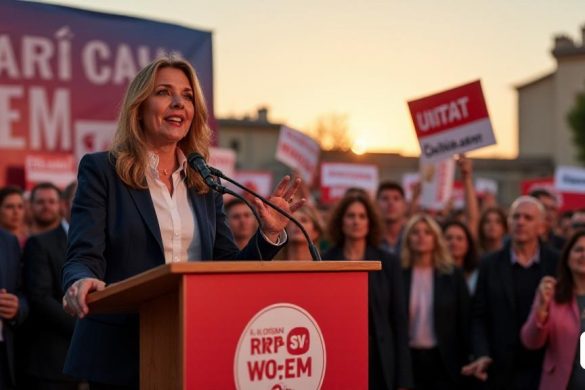 Una vibrante escena de rally político ambientada en el corazón de Alcoi, donde 'Lorena Zamorano' se encuentra con confianza en un podio adornado con el logotipo de 'PSPV-Psoe'. El telón de fondo presenta una gran pancarta con el eslogan 'La Casa Que Volem' en letras en negrita, simbolizando la unidad y la comunidad. La multitud es diversa, con seguidores entusiastas con pancartas que leen 'Unitat' y 'Diàleg', lo que refleja los valores centrales de su campaña. 'Lorena', vestida con un atuendo inteligente y profesional, hace un gesto apasionadamente mientras habla, su expresión es una mezcla de determinación y calidez. A su alrededor, miembros de su equipo, incluidos 'Raül Llopis', 'Teresa Sanjuán', 'Alberto Belda' y 'Nando Moncho', están en solidaridad, asintiendo en acuerdo. La atmósfera es eléctrica, llena de una sensación de esperanza y propósito colectivo, mientras se pone el sol, arrojando un cálido brillo sobre la reunión, simbolizando un nuevo amanecer para la fiesta y la comunidad.