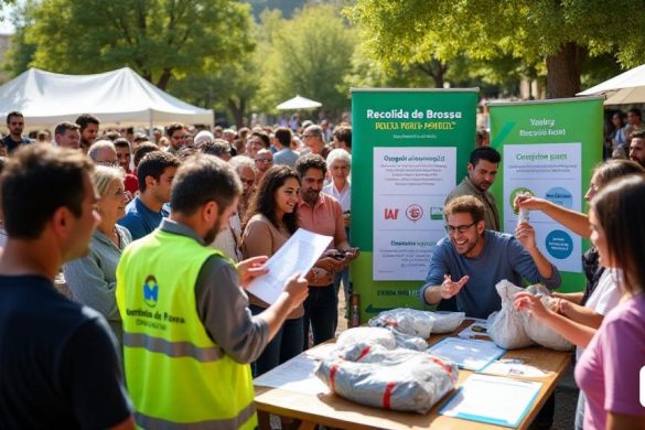 Una vibrante escena de reunión comunitaria ambientada en el corazón del vecindario 'Montserrat' en Reus. La imagen captura a un grupo diverso de residentes, incluidas familias, individuos de edad avanzada y adultos jóvenes, se reunieron alrededor de una gran y colorida pancarta que lee 'Recuelida de Brossa Porta a Porta' en letras en negrita. La atmósfera es animada y atractiva, con personas que discuten animadamente el nuevo sistema de recolección de residuos. En primer plano, un trabajador municipal amigable, con un chaleco verde brillante con el logotipo de 'Ajuntament de Reus', está entregando folletos y kits informativos a los residentes ansiosos. Los kits incluyen un 'contenedor marrón para residuos orgánicos, un' múltiples múltiples blancos para reciclables y un 'contenedor gris' para pañales, todo perfectamente dispuesto en una mesa adornada con 'bolsas tricolor' y 'bolsas compostables'. Detrás de ellos, un póster grande muestra el cronograma de colección, con íconos coloridos que representan diferent