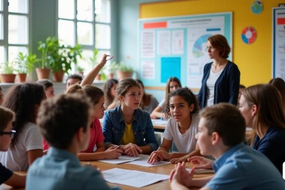 Una vibrante escena del aula llena de diversos estudiantes involucrados en diversas actividades. En primer plano, un grupo de estudiantes de diferentes etnias, incluida una niña con cabello rizado con gafas y un niño con gorra de béisbol, se recogen alrededor de una mesa, colaborando en un proyecto. Están rodeados de coloridos carteles en las paredes que leen 'competidores' e 'innovación educativa' en letras en negrita. En el fondo, una maestra, una mujer de mediana edad con cabello corto, está facilitando una discusión con otro grupo de estudiantes que están sentados en un semicírculo, levantando activamente sus manos para contribuir. La habitación es brillante, con grandes ventanas que dejan en luz natural, y las plantas se colocan en el alféizar de la ventana, agregando un toque de vegetación. En un tablón de anuncios cercano, hay gráficos que muestran los resultados de las evaluaciones AVAC, con retroalimentación mixta resaltada. La atmósfera es animada y dinámica, lo que refleja el debate en curso sobre