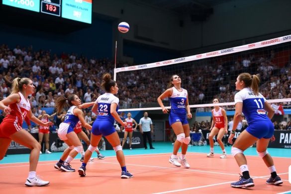 Una vibrante escena del partido de voleibol interior en el 'Municipal de Valldoreix de Pavelló', lleno de energía y tensión. La cancha está marcada con líneas blancas brillantes, y los jugadores están en acción, mostrando su atletismo. Por un lado, los jugadores de 'Club Voleibol Sant Cugat', vestidos con sus llamativos uniformes azules y blancos, están intensamente enfocados, con un jugador, 'Ana Cecilia aparecida', en el aire, ejecutando un poderoso pico que está a punto de aterrizar en el lado del oponente. La multitud es una mezcla de seguidores entusiastas, ondeando banderas y pancartas, creando una atmósfera animada. El marcador en el fondo refleja una coincidencia cercana, con números fluctuando, lo que indica la feroz competencia. La iluminación es brillante, destacando las expresiones determinadas de los jugadores y el sudor que brilla en sus frente. Por otro lado, el equipo 'Avarca de Menorca', en sus kits rojos y blancos, está listo y listo para recibir el balón, mostrando su postura defensiva. La
