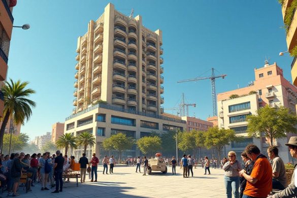 Una vibrante escena urbana que representa el edificio histórico en Na Jordana 32 en Valencia, de pie de diez pisos de altura en un contexto de un cielo azul claro. El edificio, con su 'fachada cerrada' y estilo arquitectónico único, muestra una combinación de diseño de mediados del siglo XX y vida urbana moderna. Alrededor de la estructura hay calles bulliciosas llenas de 'lugareños' y 'turistas', algunos se detienen para tomar fotos, mientras que otros entabla conversaciones animadas. En primer plano, se puede ver a un grupo de residentes preocupados, incluido Miquel Serrano, celebrando una reunión comunitaria, sus expresiones una mezcla de determinación y preocupación mientras discuten los inminentes planes de desarrollo urbano. Los carteles y los volantes sobre la propuesta de 'planificación urbana' están dispersas en bancos cercanos, y una gran pancarta que lee 'Save Our Home' cuelga de un balcón. En el fondo, los equipos de construcción se cierran siniestrados, simbolizando la amenaza de 'demolición'. La