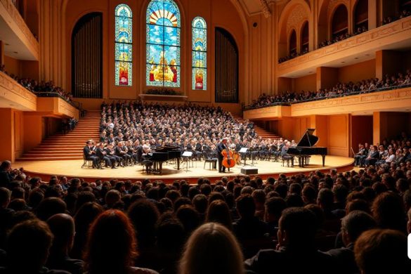 Una vibrante sala de conciertos llena de audiencia anticipando ansiosamente una actuación. El interior del 'Palau de la Música' está adornado con una intrincada arquitectura 'modernista', con coloridos vidrieras que arrojan un cálido brillo sobre los asistentes. El escenario está ubicado con pianos de cola, uno pulido para un alto brillo, listo para 'Martha Argerich' y 'Nelson Goerner'. Los músicos están sintonizando sus instrumentos, con un 'violinista' ajustando las cuerdas de un hermoso 'Stradivarius'. En el fondo, un banner grande muestra el texto 'Ibercamera 42A Temporalada', destacando la importancia del evento. La atmósfera es eléctrica, llena de emoción y anticipación para las próximas actuaciones de artistas de renombre como 'Julia Hagen', 'Teodor Currentzis' y 'Pinchas Zukerman', que se espera que adornen el escenario durante toda la temporada. La audiencia, una mezcla diversa de edades, está vestida elegantemente, algunos de los programas de conciertos, mientras que otros participan en conversacion