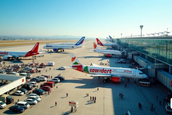 Una vista aérea del aeropuerto 'Josep Tarradellas Barcelona-El Prat' llena de actividad. La escena captura los vibrantes 'edificios terminales' con su arquitectura moderna, reflejando la luz solar de sus fachadas de vidrio. En el asfalto, varios 'aviones' están estacionados, incluidas 'aerolíneas de bajo costo' con su colorida librea, mientras que otros están rodando o se preparan para el despegue. En el fondo, las 'pistas' se extienden hacia el horizonte, enmarcada por un cielo azul claro. Se puede ver un flujo constante de 'pasajeros' moviéndose a través de la terminal, algunos registrados en 'quioscos de autoservicio', mientras que otros se están reuniendo en las 'puertas de salida'. El ambiente es animado, lleno de los sonidos del equipaje ondulado y los anuncios sobre el sistema PA. Los letreros en múltiples idiomas guían a los viajeros, que reflejan la naturaleza internacional del aeropuerto. Cerca, los 'estacionamientos' están llenos de automóviles, lo que indica la afluencia de visitantes. En general,