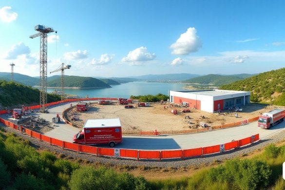 Una vista panorámica de la región de Móra d'Ebre, que muestra un paisaje vibrante debajo de un cielo azul claro. En primer plano, se ve un bullicioso sitio de construcción, donde los trabajadores con cascos se dedican activamente a construir un nuevo 'helipuerto' al lado del 'comarcal hospitalario' existente. El sitio está marcado con barreras de seguridad de color naranja brillante y señalización que indica el proyecto de expansión. A la izquierda, dos grullas grandes se toron sobre el sitio, simbolizando el progreso. En el fondo, las exuberantes colinas verdes rodan suavemente, salpicadas de parches de flores silvestres, mientras que el río Ebre brilla bajo la luz del sol, que refleja la belleza circundante. Una "ambulancia" moderna y un "camión de bomberos" están estacionados cerca, listos para operaciones de emergencia. La escena transmite una sensación de urgencia y dedicación para mejorar los servicios de salud pública, con pancartas que promueven la 'atención médica pública' colgando de las cercas cerc