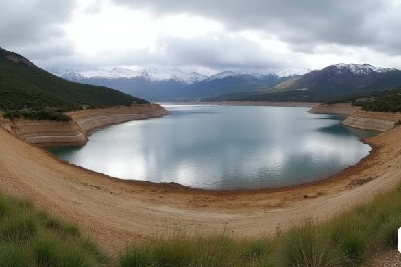 Una vista panorámica de los 'pantanos' (embalses) en la región catalana, que muestra el dramático aumento en los niveles de agua. El primer plano presenta el 'Pantà de Sau', con sus orillas una vez secas ahora parcialmente sumergidas, revelando parches de hierba 'verde' y tierra 'marrón'. En el fondo, el 'Pantà de Darnius-Boadella' es visible, con su nivel de agua aumentando al 32%, contrastando bruscamente con el 11l año anterior. El cielo es una mezcla de nubes 'grises' y parches 'azules', insinuando 'precipitación' reciente. La escena captura la esencia de la resiliencia de la naturaleza, con 'árboles' que bordean las costas, sus reflejos brillan en el agua. A lo lejos, el 'Pantà de la Baells' está orgulloso del 69%, rodeado de 'montañas' que están parcialmente limitadas con 'nieve', un recordatorio de la reciente 'nevada'. La atmósfera general es de esperanza y renovación, a medida que se llenan los depósitos, simbolizando una recuperación significativa de las condiciones de sequía del pasado.
