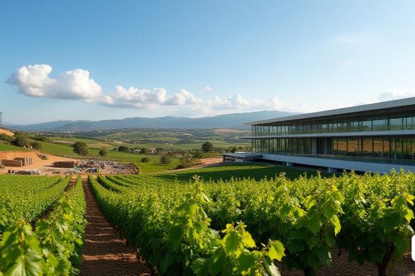 Una vista panorámica del 'Celler de Vilafranca', una bodega moderna ubicada en el pintoresco paisaje de 'Vilafranca del Penedès'. La bodega presenta un diseño elegante y contemporáneo con grandes ventanas de vidrio que reflejan los viñedos circundantes. En primer plano, las hileras de exuberantes 'vides' se extienden hacia el horizonte, sus hojas de un verde vibrante, salpicado de racimos de 'uvas' maduras. El cielo es un azul brillante, con algunas nubes blancas esponjosas que se desplazan perezosamente. A la izquierda, es visible un 'nuevo sitio de construcción', donde los trabajadores están ocupados expandiendo las instalaciones de la bodega. Esta área está marcada por materiales de construcción, incluidas pilas de ladrillos y vigas de madera, lo que indica el desarrollo continuo de una 'planta de embotellado' más grande y 'espacios de almacenamiento'. En el fondo, las colinas de la región Penedès crean un impresionante telón de fondo, con parches de 'girasoles' y 'olivos' intercalados entre los viñedos. L