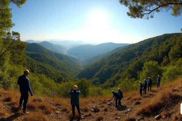 Una vista panorámica del 'Parc Natural de la Serra de Collserola', que muestra un paisaje vibrante de 'bosques verdes exuberantes' intercalados con parches de 'luz solar dorada' que se filtran a través de las hojas. En primer plano, un equipo de 'trabajadores forestales' se ve activamente involucrado en actividades de 'gestión de incendios preventivos'. Algunos están 'seleccionando' y 'cortando árboles', mientras que otros están 'reduciendo las capas de arbustos' y el 'tratamiento de escombros organizadores'. Los trabajadores están equipados con 'equipo de seguridad', incluidos cascos y guantes, enfatizando la importancia de la seguridad en sus operaciones. En el fondo, el área de 'Floresta' es visible, con 'colinas onduladas' y 'vegetación densa', insinuando la diversidad ecológica de la región. El cielo es un azul claro, contrastante con los ricos verdes del bosque, simbolizando la esperanza y la renovación. Se puede ver un letrero que indica el "proyecto de prevención de incendios", destacando el compromis