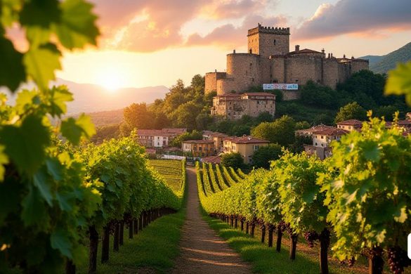 Una vista serena de 'Falset', una pintoresca ciudad ubicada en el corazón de la región 'Priorat', que muestra su impresionante paisaje. El primer plano cuenta con exuberantes viñedos verdes, sus filas perfectamente alineadas, con uvas maduras colgadas de las vides, brillando a la luz del sol. En el fondo, el histórico 'Castle of Falset' se encuentra majestuosamente en una colina, sus antiguos muros de piedra que reflejan los cálidos tonos del sol poniente. El cielo está pintado con tonos de naranja y rosa, creando un telón de fondo dramático. Un camino sinuoso conduce a la ciudad, donde se puede ver la encantadora arquitectura 'catalán', con flores coloridas que adornan los balcones. La atmósfera es vibrante pero tranquila, que encarna la esencia de la vida rural y el rico patrimonio viticultural del área. La imagen también insinúa el próximo 'Fira del VI', con pancartas y decoraciones sutilmente visibles, evocando un sentido de celebración y espíritu comunitario.