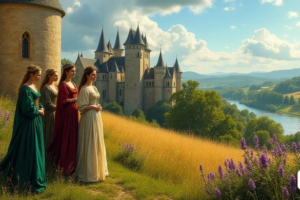 En primer plano, un 'paisaje' exuberante y vibrante se extiende, que representa las colinas de 'Aquitania' bañadas a la luz del sol dorado. La 'Abadía de Fontevraud' se encuentra majestuosamente en el fondo, su piedra se encuentra una mezcla de 'gris' y 'crema', adornada con intrincados arcos 'góticos' y características 'romanescas'. Las aguas de la 'abadía' se extienden hacia el cielo, rodeadas de un 'jardín' sereno lleno de 'lavanda' y 'rosas' en flor, sus colores contrastan maravillosamente con los tonos terrosos de la piedra. A la izquierda, un grupo de 'noblewomen' en vestidos medievales que fluyen, ricos en tonos 'esmeraldas' y 'zafiro', conversan en silencio, sus expresiones una mezcla de 'dolor' y 'admiración'. Una de ellas, una figura sorprendente con una corona, es claramente 'Eleanor de Aquitania', su rodamiento real y su cabello 'dorado' en cascada sobre sus hombros. A lo lejos, el río 'Loire River' brilla bajo el sol, reflejando el cielo azul salpicado de nubes blancas esponjosas. La atmósfera es