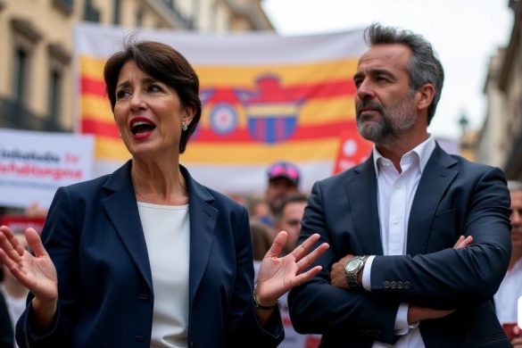 En un entorno político vibrante, el éster Capella y el Salvador Vergés están a la vanguardia de una batalla ideológica calentada en Cataluña. Ester Capella, una mujer de unos 40 años con cabello corto y oscuro y con un blazer azul marino a medida, exuda confianza mientras se dirige apasionadamente mientras se dirige a una multitud. Su expresión es intensa, reflejando su naturaleza 'belicosa', mientras habla sobre las regulaciones de vivienda y la necesidad de credibilidad institucional. A su lado, Salvador Vergés, un hombre de unos 50 años con una apariencia ligeramente resistente y vestida con una camisa blanca crujiente y un traje oscuro, se para con los brazos cruzados, su ceño fruncido en determinación. Él encarna la postura independiente de 'derecha', en contraste con el enfoque izquierdista de Capella. El telón de fondo presenta una gran pancarta con los logotipos de ERC y juntas, simbolizando su rivalidad y las afirmaciones "territoriales" que están haciendo en esta nueva fase política. Se le cobra a l