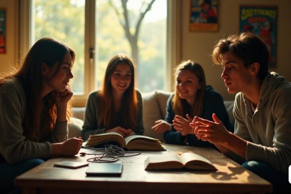 En una acogedora sala de estar suavemente iluminada, un grupo de jóvenes centenios, de entre 16 y 24 años, se reúne alrededor de una mesa de café antigua. Se dedican a discusiones animadas, sus expresiones una mezcla de curiosidad y contemplación. Sobre la mesa, una variedad de 'teléfonos tontos', dispositivos simples y funcionales con pantallas pequeñas y botones táctiles) están dispersas junto a un solo teléfono inteligente, que se pone boca abajo, simbolizando una elección consciente para desconectarse. Las paredes están adornadas con coloridos carteles de naturaleza y actividades al aire libre, enfatizando el deseo de un estilo de vida equilibrado lejos de las pantallas. Una gran ventana revela un día soleado afuera, con árboles que se balancean suavemente en la brisa, invitando al grupo a salir. Una mujer joven está sosteniendo un libro, mientras que otra le ata los cordones de los cordones, listos para una aventura al aire libre. El ambiente es cálido y acogedor, lo que refleja una tendencia creciente e