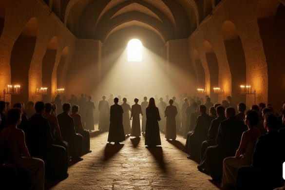 La escena captura el 'Monestir de Sant Pau del Camp' envuelto en una suave 'luz melancólica' que filtra a través de antiguos arcos de piedra. El ambiente es sereno e introspectivo, con sombras bailando suavemente a través de las venerables paredes. En el interior, catorce cantantes de 'Vox clamantis' están organizados en una formación dinámica, sus movimientos fluidos y coordinados, creando una armonía visual que complementa su sonido etéreo. Están vestidos con túnicas simples y elegantes que reflejan la esencia 'medieval' de su música, cada cara iluminada por el cálido brillo de la luz de las velas. La audiencia, sentada en la bellamente preservada sala 'romana', está cautivada, sus expresiones una mezcla de asombro y contemplación. El aire está lleno de un sentido casi tangible de 'espiritualidad', ya que las ricas armonías del canto gregoriano se entrelazan con composiciones contemporáneas, que resonan a través del espacio sagrado. El sonido reverbera fuera de la piedra, creando una experiencia inmersiva q