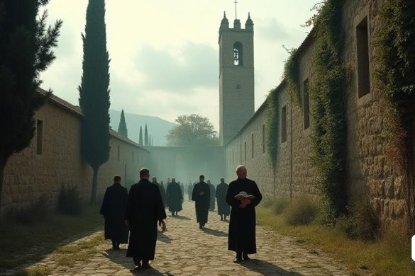 La escena captura la atmósfera tranquila pero sombría del 'Monestir de Poblet', un monasterio histórico cisterciense ubicado en el campo catalán. Los antiguos muros de piedra del monasterio, resistidos y adornados con una "hiedra" arrastrada, reflejan el paso del tiempo y el peso de su rica historia. Una suave 'niebla' se cuelga en el aire, agregando una calidad mística a la luz de la mañana que se filtra a través de los altos árboles 'cipreses' que rodean el complejo. En primer plano, un grupo de 'monjes' vestidos con caminatas simples y fluidas de 'hábitos' en silencio contemplativo, sus caras tienen una mezcla de serenidad y preocupación, lo que refleja la situación 'crítica' de su comunidad. Algunos monjes se ven participando en una conversación tranquila, mientras que otros llevan 'velas' y 'libros', simbolizando su compromiso con la fe y la tradición. En el fondo, el majestuoso 'Bell Tower' se mantiene alto contra el cielo nublado, sus campanas listos para sonar y llamar a los fieles a la oración. El es
