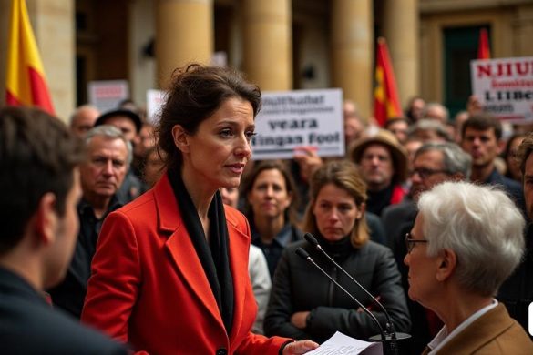 La escena captura una atmósfera vibrante y dinámica en el Parlamento de Cataluña, con un enfoque en el orador, Sínlvia Orriols, una figura prominente en Aliança Catalana. Ella se encuentra con confianza en el podio, su expresión es una mezcla de determinación y fervor, mientras ofrece un discurso apasionado. El telón de fondo presenta la arquitectura icónica del edificio del Parlamento, con sus grandes columnas y sus intrincados detalles, simbolizando el peso de la democracia. Al rodearla, una audiencia diversa escucha atentamente, sus caras que reflejan una variedad de emociones desde el acuerdo hasta el escepticismo. Algunos contienen pancartas con frases como 'Llibertat' y 'Igualtat', mientras que otros muestran expresiones de preocupación. La iluminación es brillante, enfatizando la urgencia del momento, mientras que las sombras juegan en los rostros de los espectadores, insinuando la complejidad de los problemas que se están discutiendo. En primer plano, un joven, vestido con atuendo casual, asiente en s