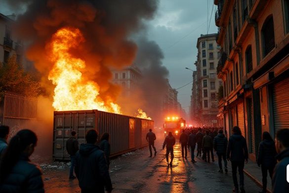 La escena representa un ambiente urbano caótico en el barrio 'Sant Antoni' de Barcelona. En primer plano, un gran 'contenedor' está envuelto en llamas, enviando un grueso y oscuro 'humo' que ola en el cielo, creando un marcado contraste contra la luz de la tarde atenuable. Las llamas naranjas y amarillas parpadeantes iluminan el área circundante, lanzando sombras misteriosas en los edificios cercanos. Una pequeña multitud de espectadores, con expresiones de conmoción e incredulidad, se reúne a una distancia segura, algunos sacando sus teléfonos para capturar el momento. Entre ellas, algunas personas parecen visiblemente angustiadas, sus caras reflejan la tensión y el miedo que se ha apoderado de la comunidad. En el fondo, la entrada a la estación 'Metro' es visible, parcialmente oscurecida por el humo, con un equipo de 'fuego' que llega a la escena, sus sirenas sonar y parpadear. La atmósfera es tensa, subrayada por la urgencia de los bomberos mientras se preparan para enfrentar el incendio. Rebos dispersos d