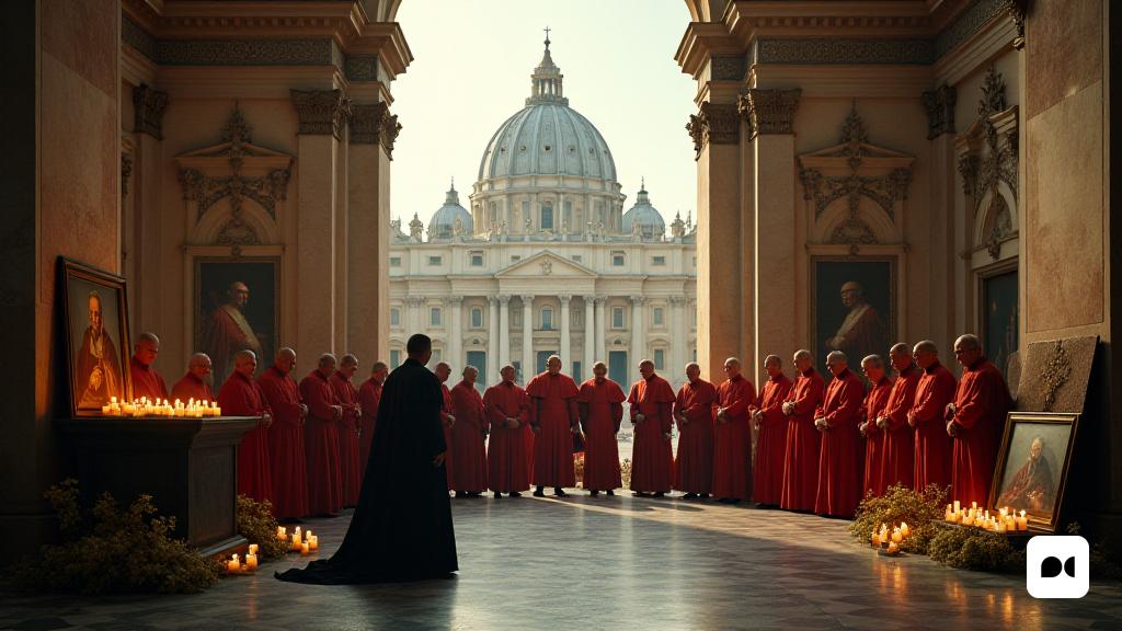 La escena se desarrolla dentro del gran interior del 'Vaticano', un lugar lleno de historia y importancia religiosa. El Ornament 'St. La basílica de Peter se cierne en el fondo, su majestuosa cúpula se extiende hacia los cielos, bañada en suave luz de la mañana. En primer plano, una sombría reunión de cardenales, vestidos con sus tradicionales túnicas 'rojas' y 'negras', se encuentra en un círculo apretado, sus expresiones una mezcla de dolor y contemplación. El aire está lleno de tensión a medida que los susurros de 'progresistas' y 'conservadores' llenan el espacio, haciéndose eco de las paredes de mármol adornadas con intrincados frescos que representan escenas bíblicas. Un gran 'libro de condolencia' abierto descansa sobre un pedestal, rodeado de velas parpadeantes que arrojan un brillo cálido, simbolizando la esperanza y el recuerdo. Cerca, un retrato del 'Papa Francisco' está cubierto en un velo negro, un recordatorio conmovedor de su legado, mientras que las flores en suaves tonos blancos y amarillos s
