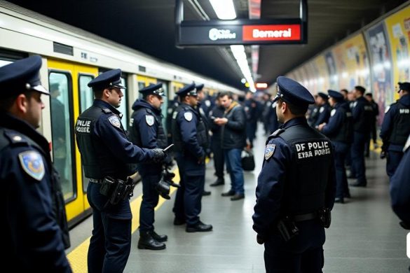 La escena se desarrolla en la estación de metro 'Sagrera' en Barcelona, ​​donde un mayor sentido de seguridad es palpable. Son las 10 am, y la estación está llena de viajeros, pero 'Mossos d'Esquadra' y los guardias de seguridad han sido establecidos por un perímetro claro. La atmósfera es tensa pero organizada, ya que los oficiales con uniformes oscuros se encuentran en puntos estratégicos, algunos verifican 'boletos de metro' mientras que otros se involucran con los pasajeros. El 'Vestíbul' está lleno, pero la presencia de la policía crea un aire de precaución. En primer plano, se ve a un oficial de policía identificando a un sospechoso, sus serias expresiones que contrastan con el comportamiento casual de los viajeros que los rodean. Cerca, un guardia de seguridad inspecciona una mochila, mientras que otro oficial posee un 'Navalla' que ha sido confiscado, mostrando las medidas proactivas que se toman. El fondo presenta una gran pantalla digital que muestra horarios de trenes, parpadeando con actualizacion