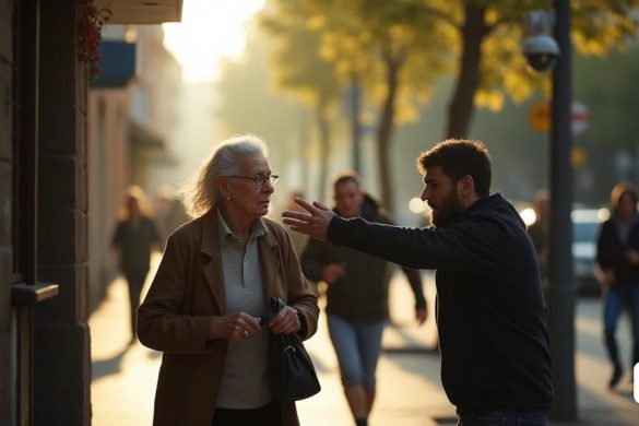 La escena se desarrolla en un ambiente urbano bullicioso, específicamente en 'L'Hospitalet de llobregat', donde la luz de la mañana arroja un suave brillo en la calle. En primer plano, una anciana, de edad '80', se encuentra desafiante en la entrada de su hogar, su expresión una mezcla de shock y determinación. Ella agarra su bolso con fuerza, revelando un vistazo a su 'cadena de oro' y 'arete' que el asaltante acaba de intentar robar. El asaltante, un hombre de sus '30 años' con una apariencia resistente, se representa a la mitad de la acción, llena hacia ella con un comportamiento amenazante, su lenguaje corporal agresivo mientras intenta cubrirse la boca. El fondo presenta una imagen borrosa de vecinos preocupados, algunos corriendo hacia la escena, sus caras muestran una combinación de alarma y urgencia. Un 'barrendero de calle', un trabajador municipal, es visible a un lado, observando el altercado con un aspecto de shock, listo para intervenir. La atmósfera es tensa, llena de los sonidos de la ciudad y